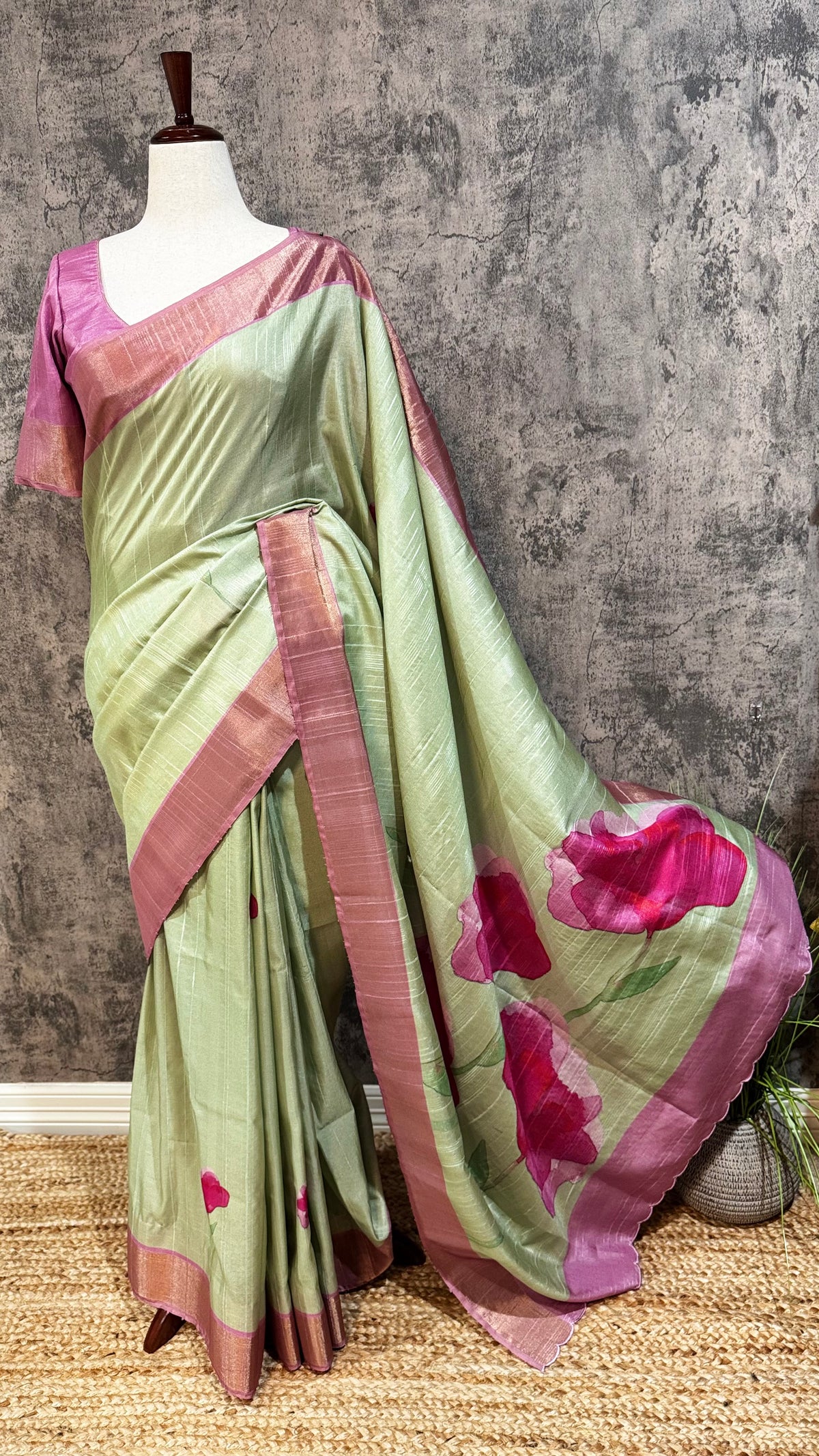 Light pista green semi tussar silk digital print saree with stitched blouse