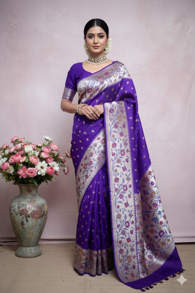 Purple Georgette Banarsi Saree With Paitani Border and Stitched Blouse