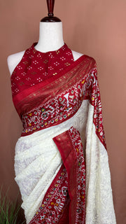 Georgette chikankari saree with printed pattola border, Stitched blouse