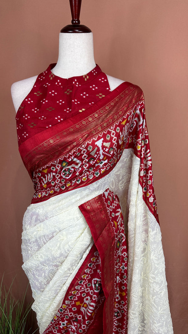 Georgette chikankari saree with printed pattola border, Stitched blouse