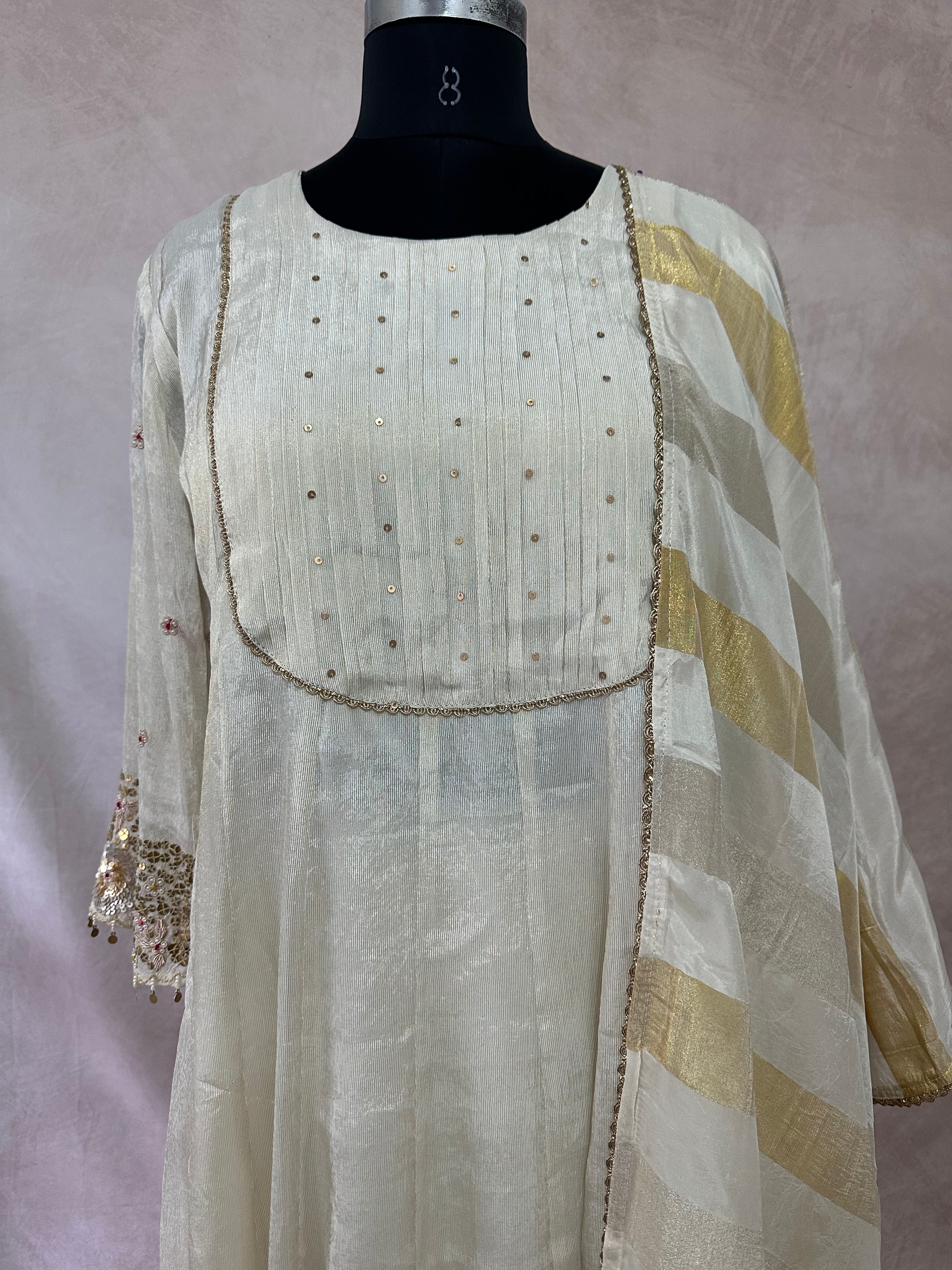 Off white crepe tissue silk anarkali with bottom and dupatta