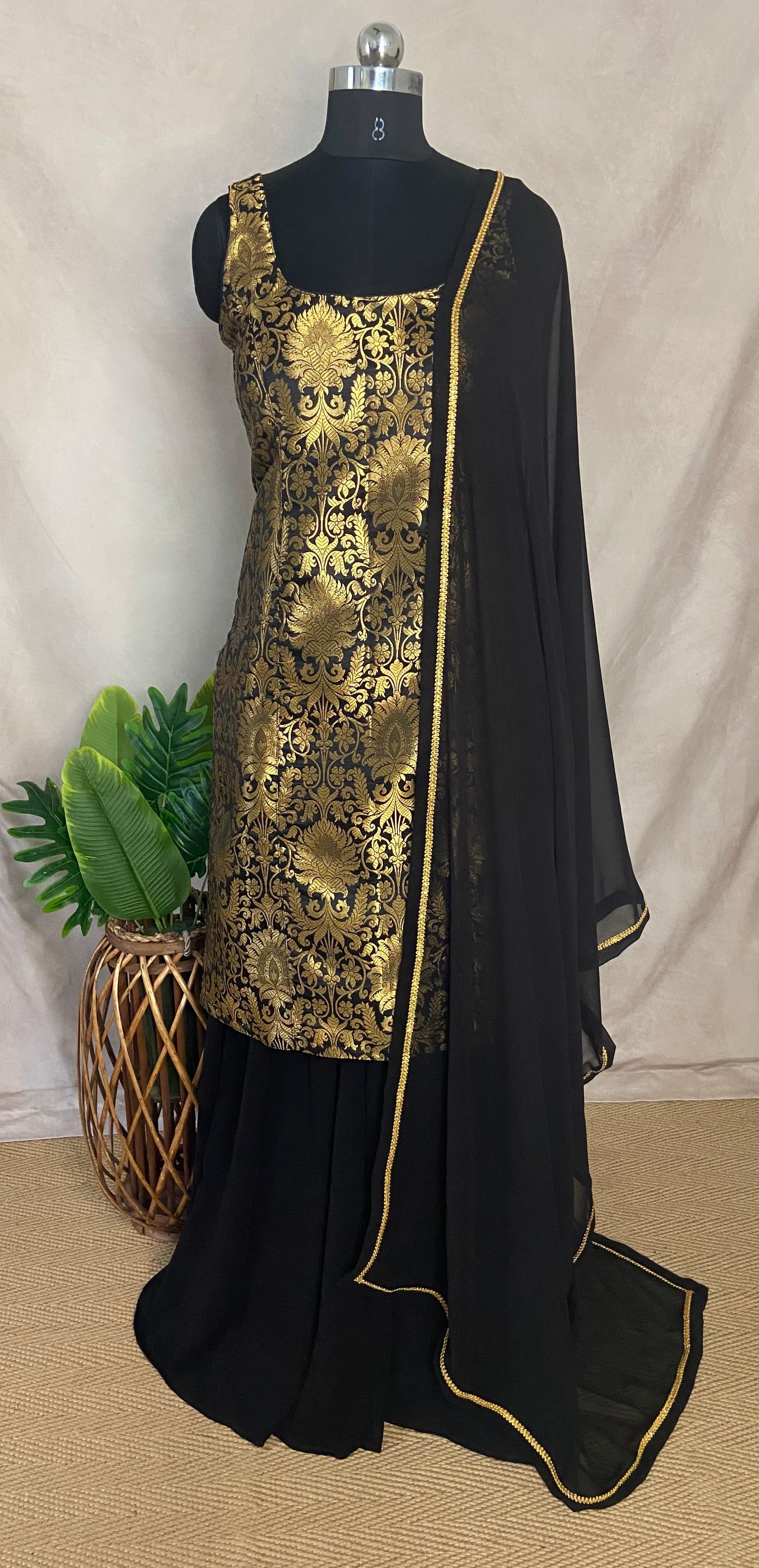 Black Banarsi brocade silk short kuti with palazzo