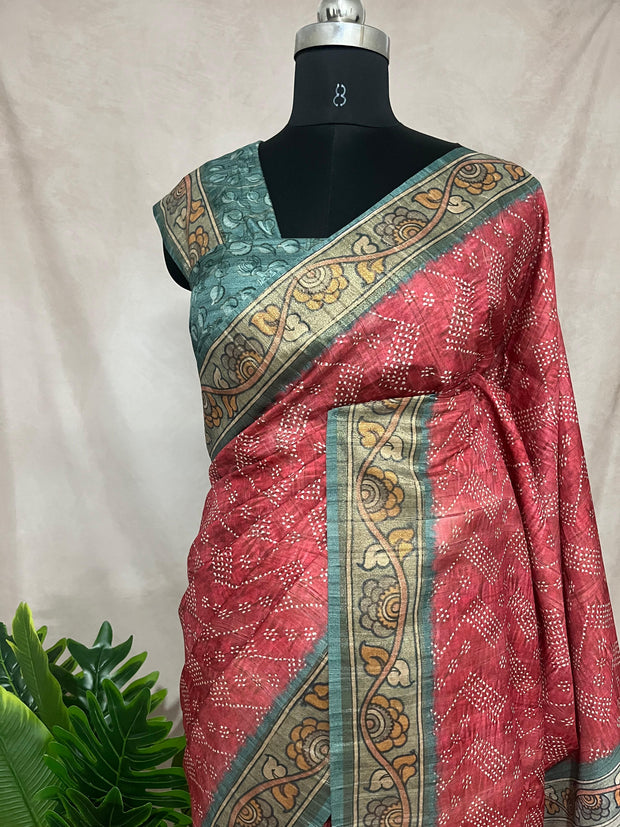 Semi tussar silk bandini and kalamkari print saree, with BP