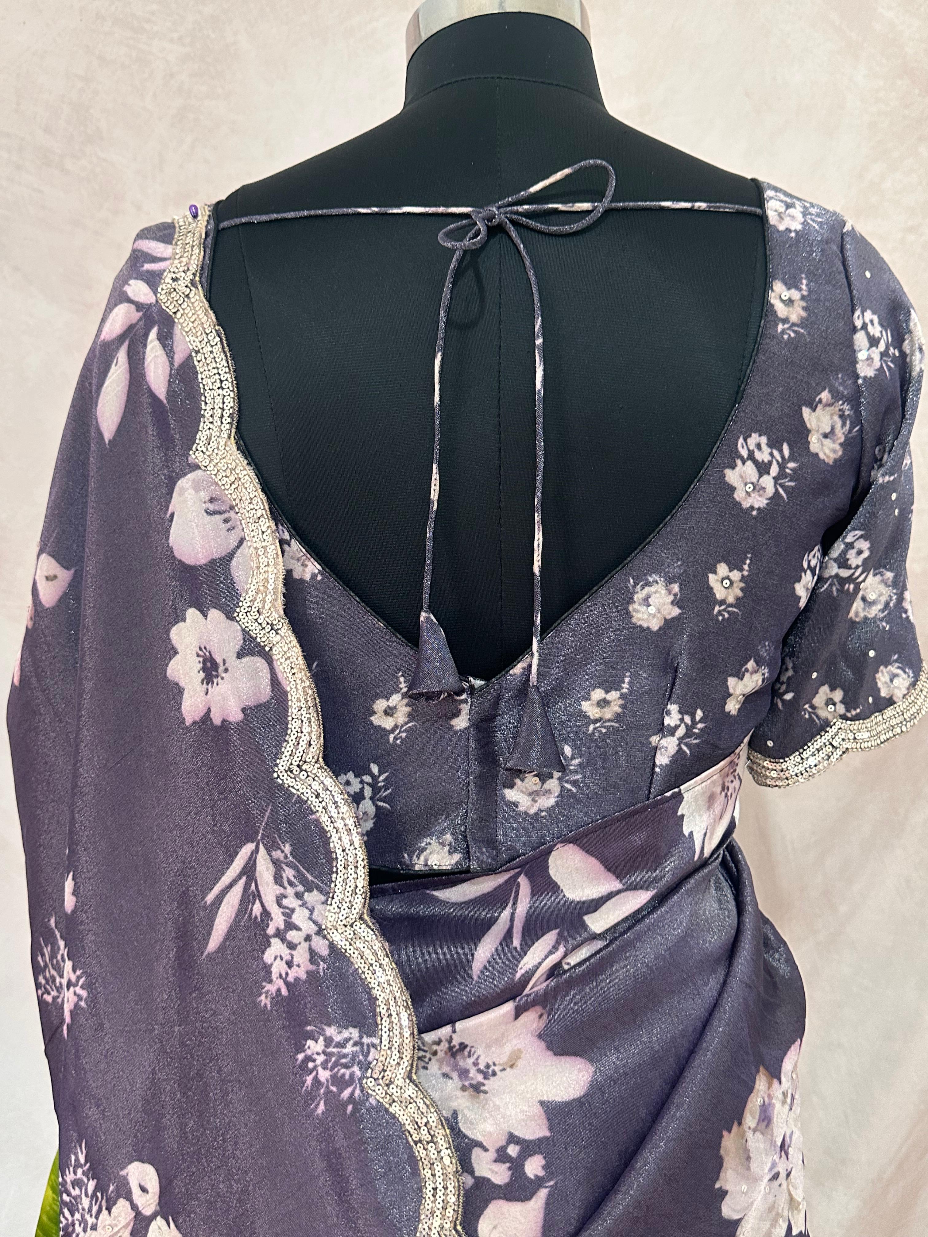 Purple designer crepe tissue saree with floral print and desiger blouse