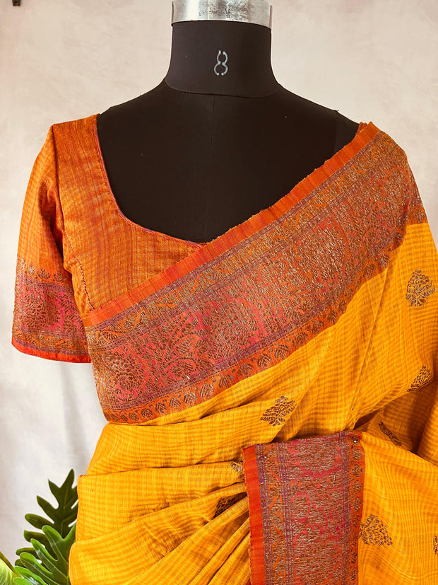 Pure Dupion silk saree with stitched blouse