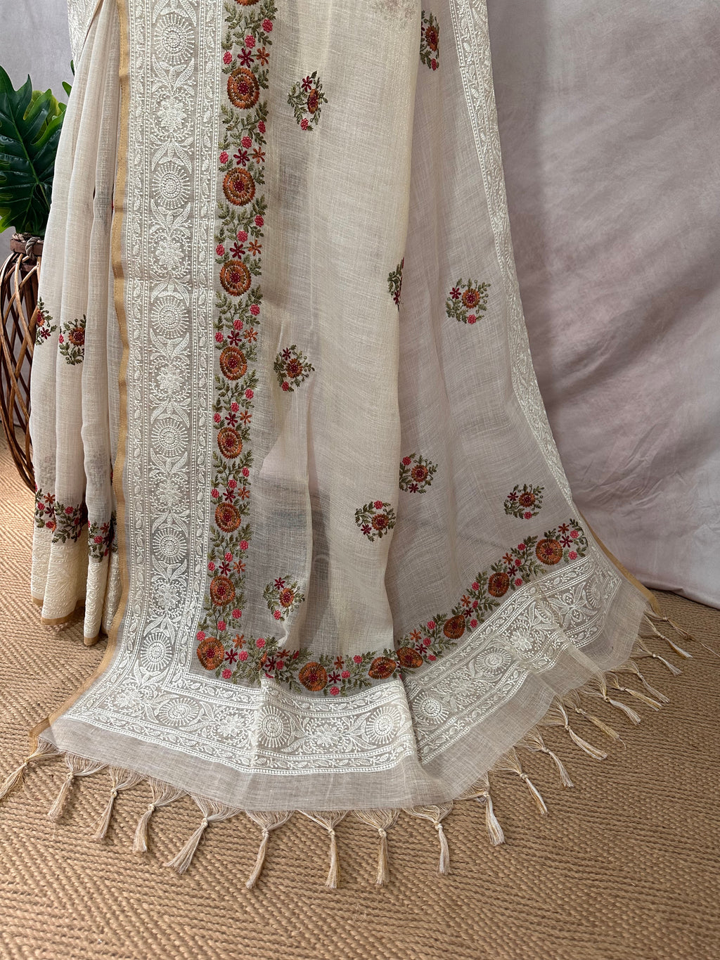 Tissue linen saree chikankari and multi color thread border with BP