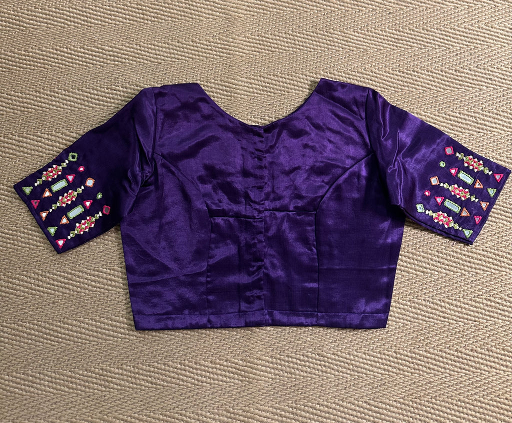 Purple modal silk blouse with mirror work and hand Kutch Embroidery