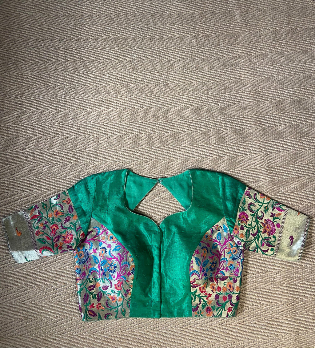 Green raw silk and paithani blouse