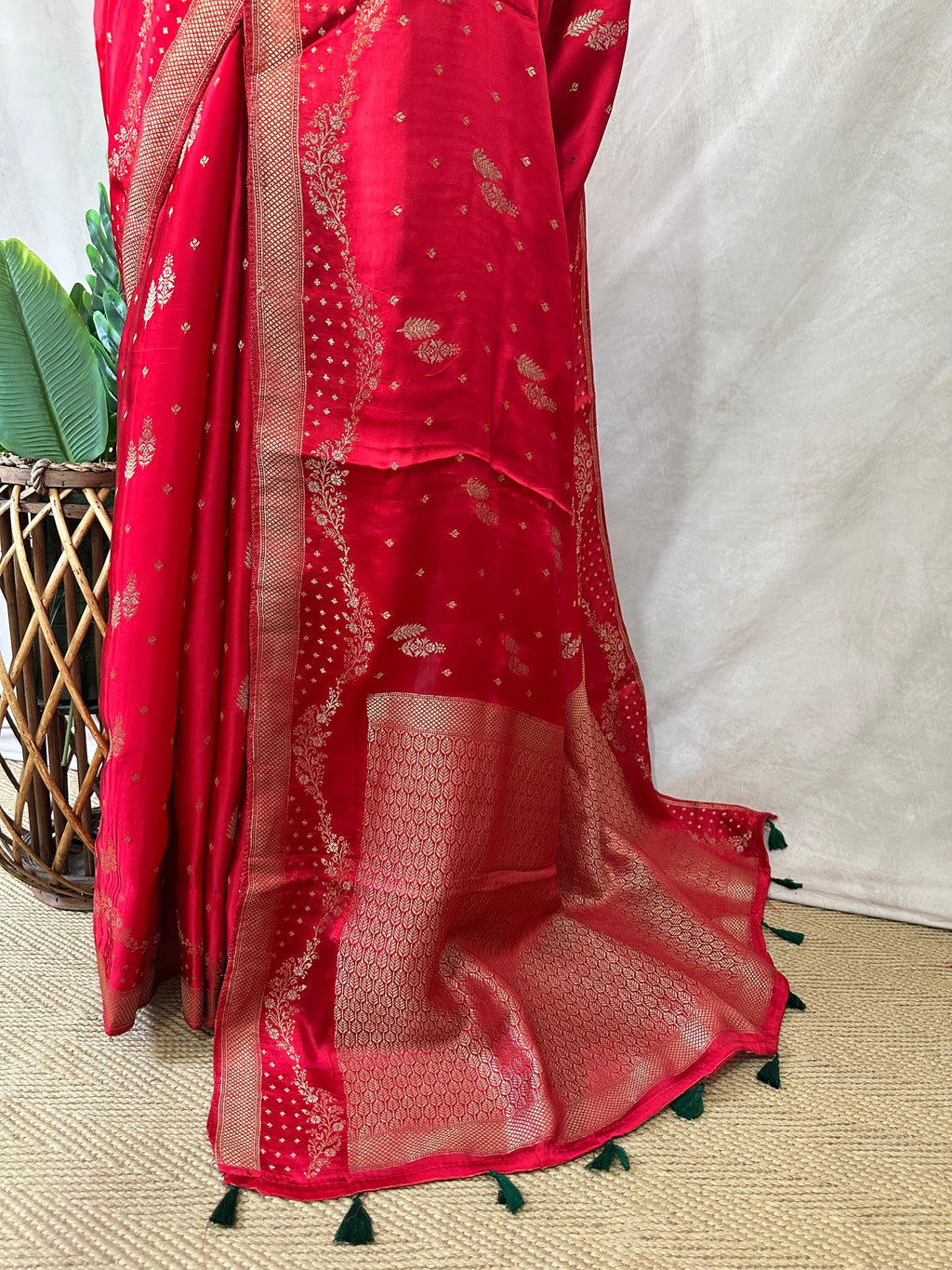 Red and green combo satin silk saree with stitched blouse