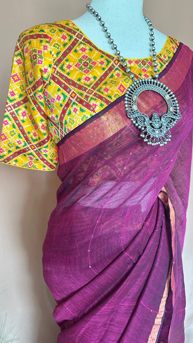 Handloom linen saree with sequins weave , with BP
