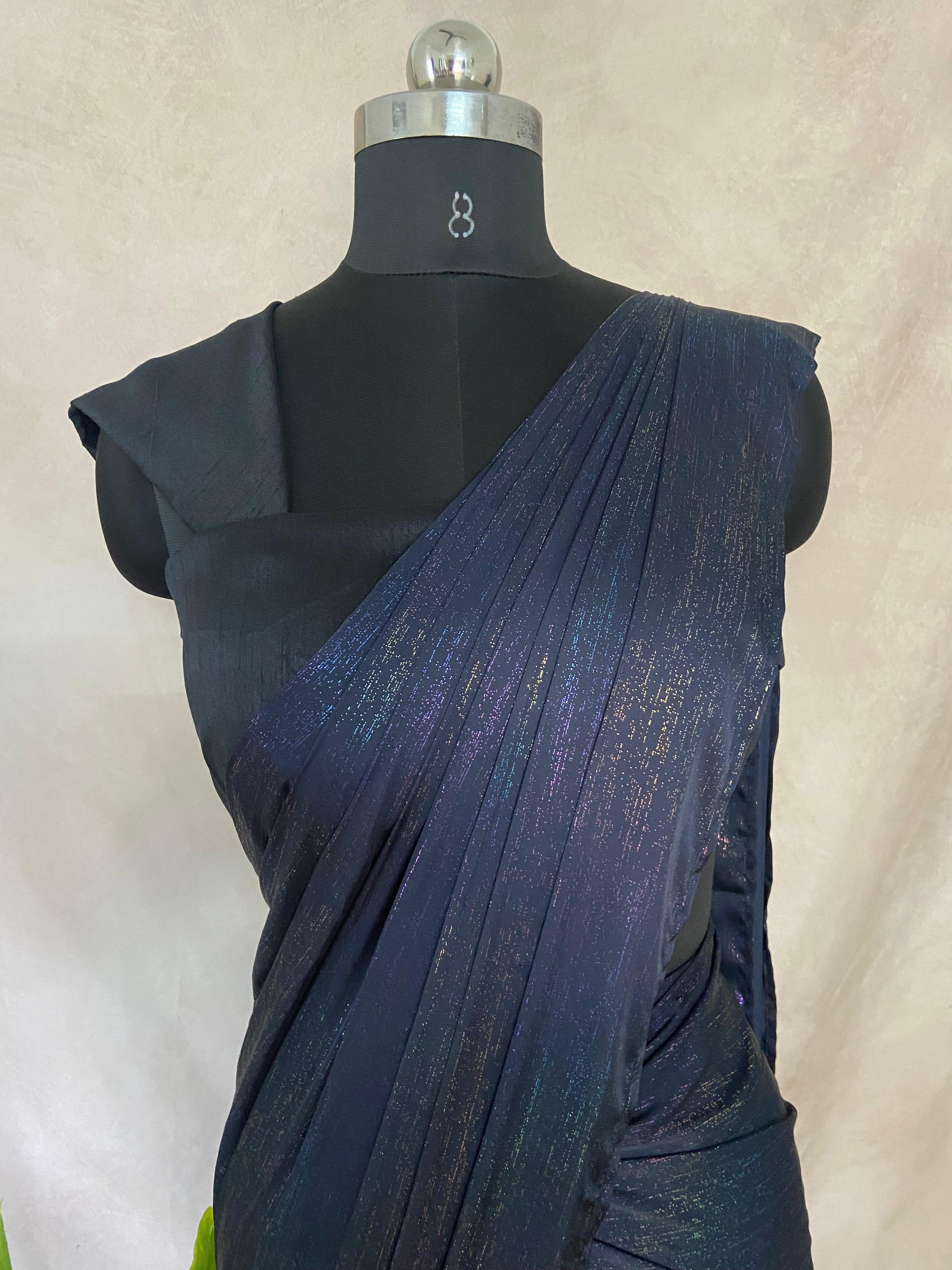 Ready made pre pleated Black crushed tissue crepe saree