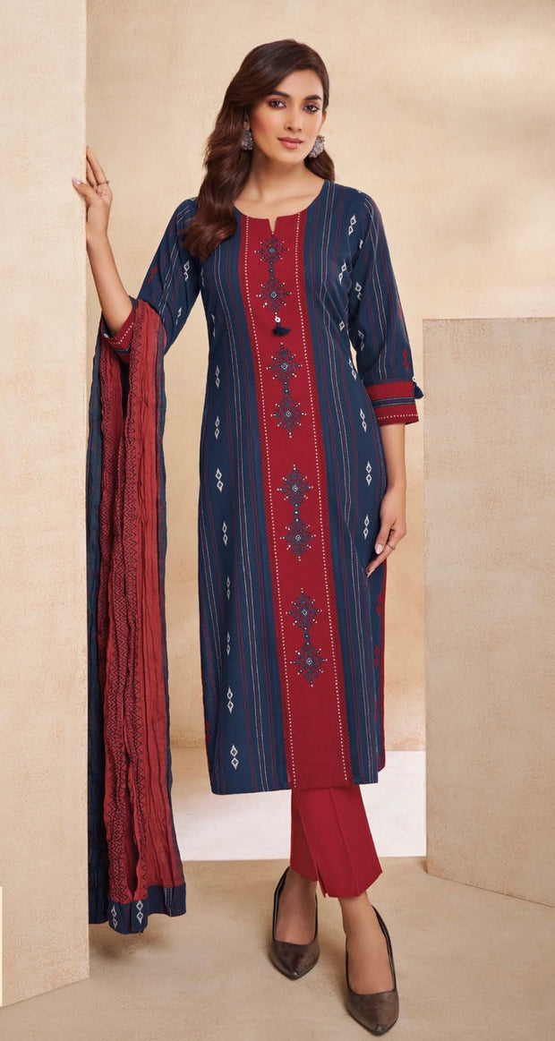 Maroon and blue cotton kurti with pant and dupatta