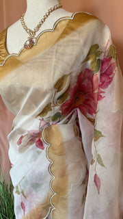 Hand painted organza silk saree with hand work, stitched blouse