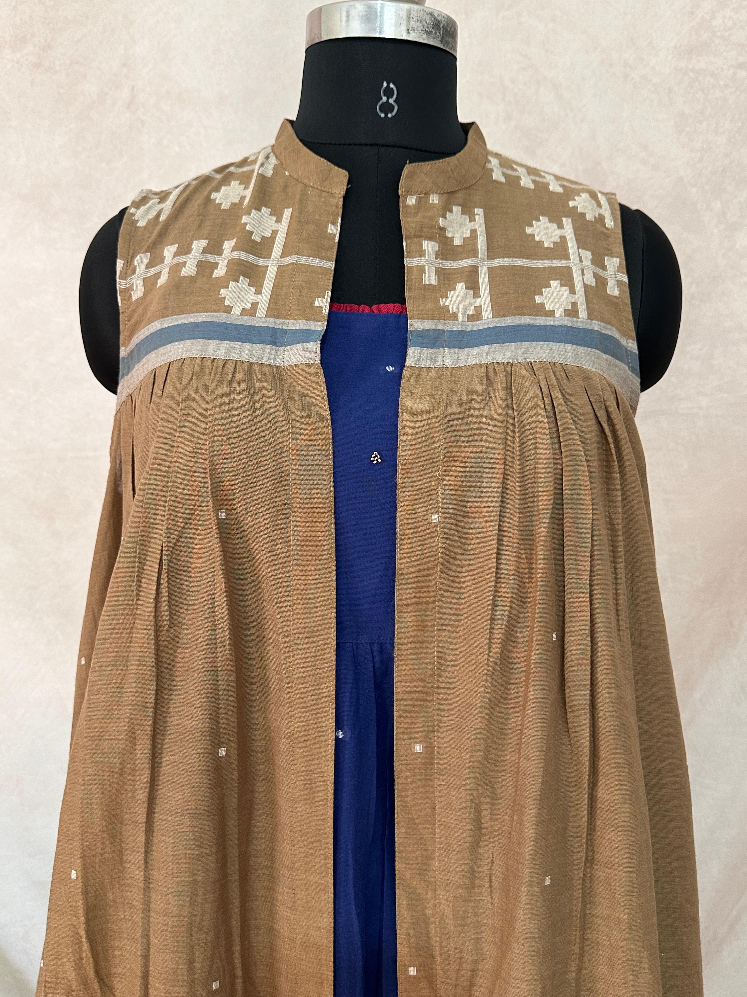 Blue pure cotton jamdani dress with long shrugg