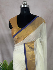 Mulcotton saree with blue and gold border