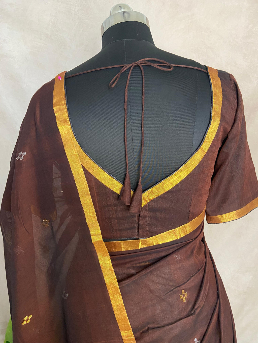 Brown cotton silk handloom jamdani saree with stitched blouse
