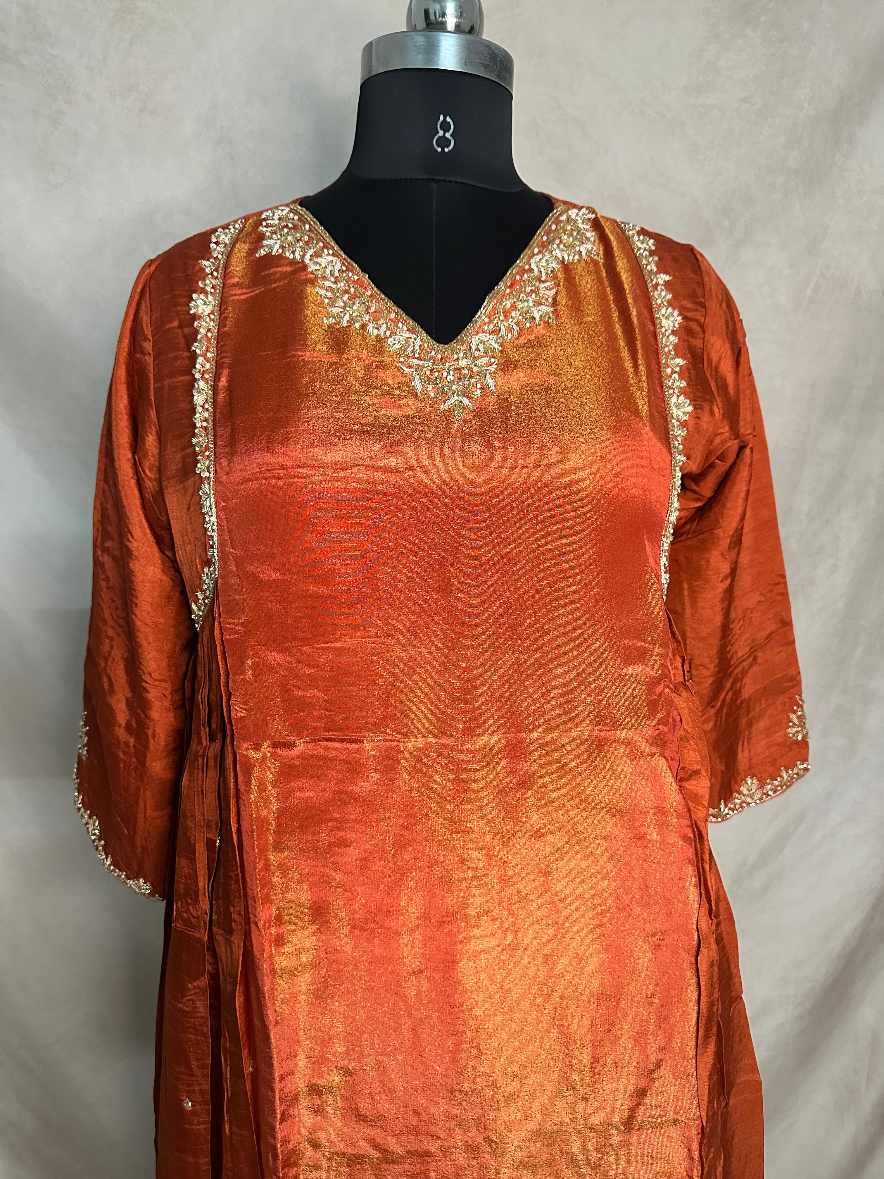Tissue crepe silk short kurti with Palazzo and dupatta