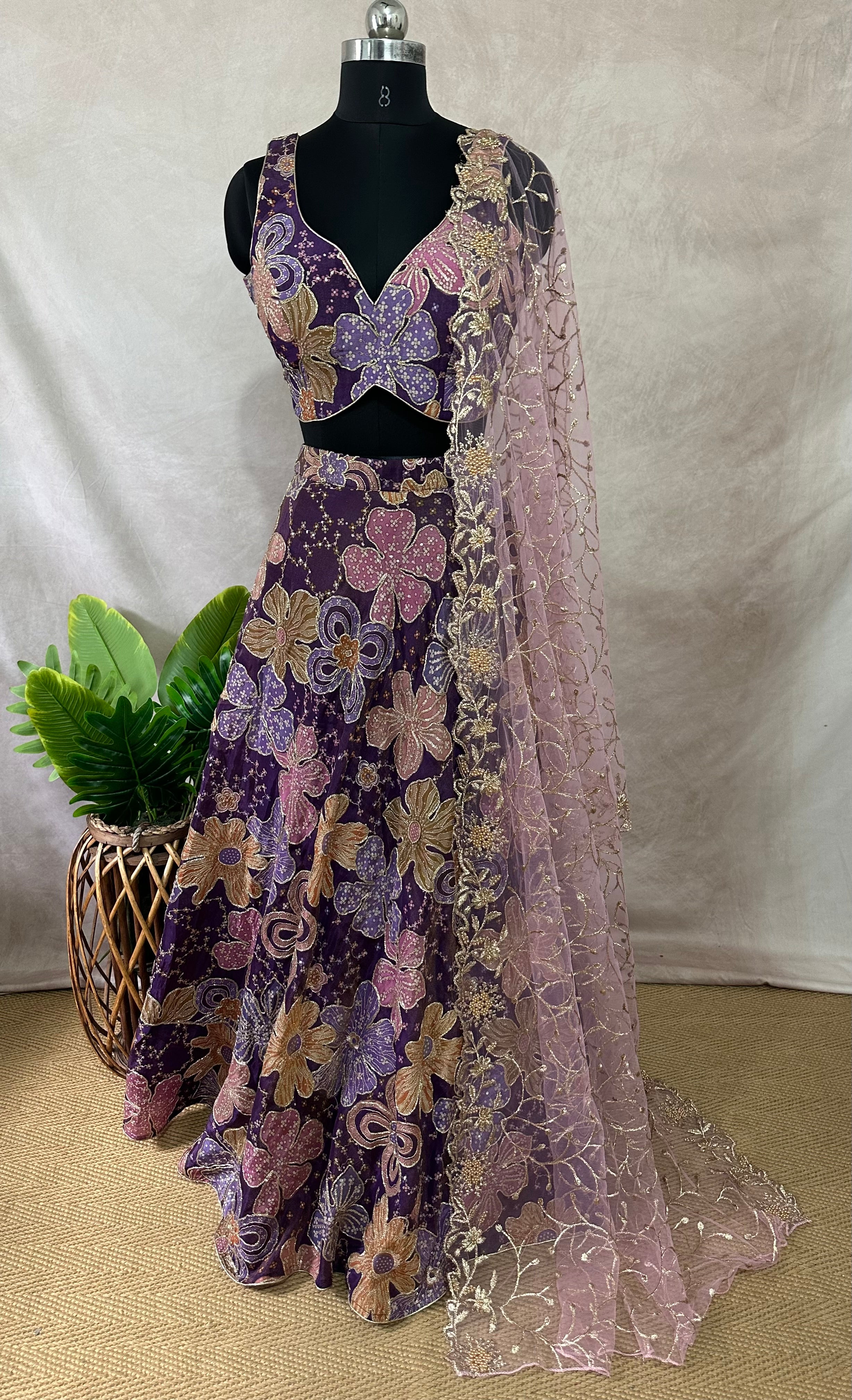 Purple crepe tissue lehanga