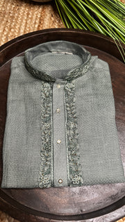 Grey linen silk kurta with hand embroidery - 40