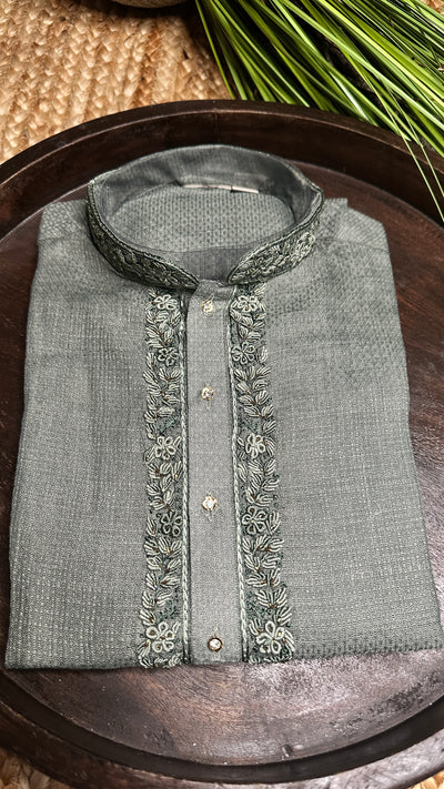 Grey linen silk kurta with hand embroidery - 40