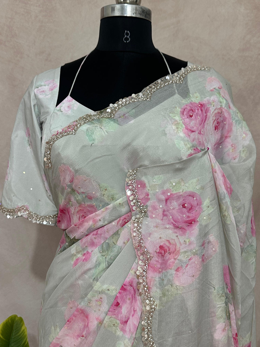 Crepe saree with sequins border , blouse and under skirt