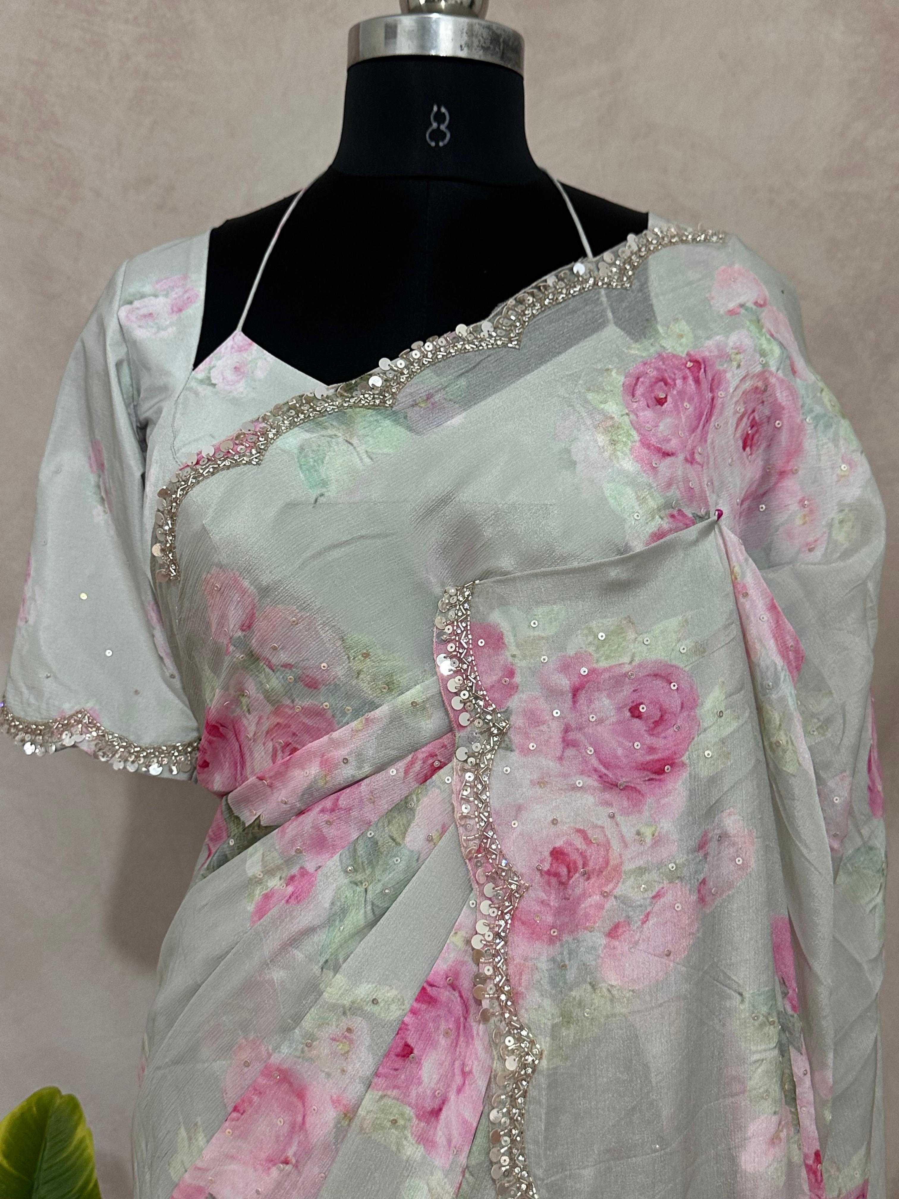 Crepe saree with sequins border , blouse and under skirt