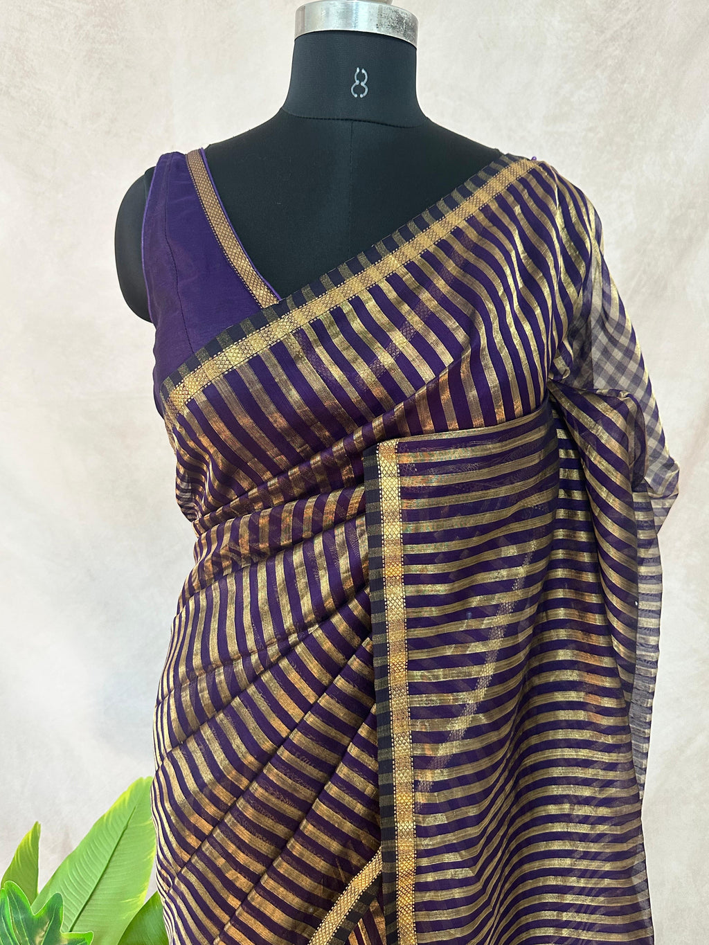Maheshwari tissue silk saree with stripe and stitched blouse