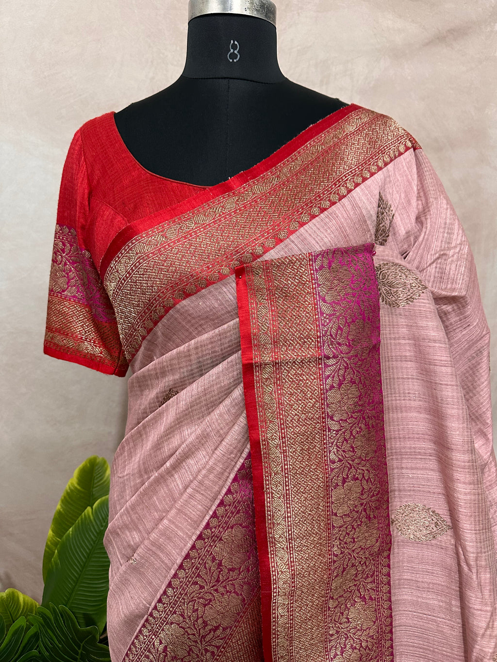 Pure dupion silk saree with banarsi border and stitched blouse