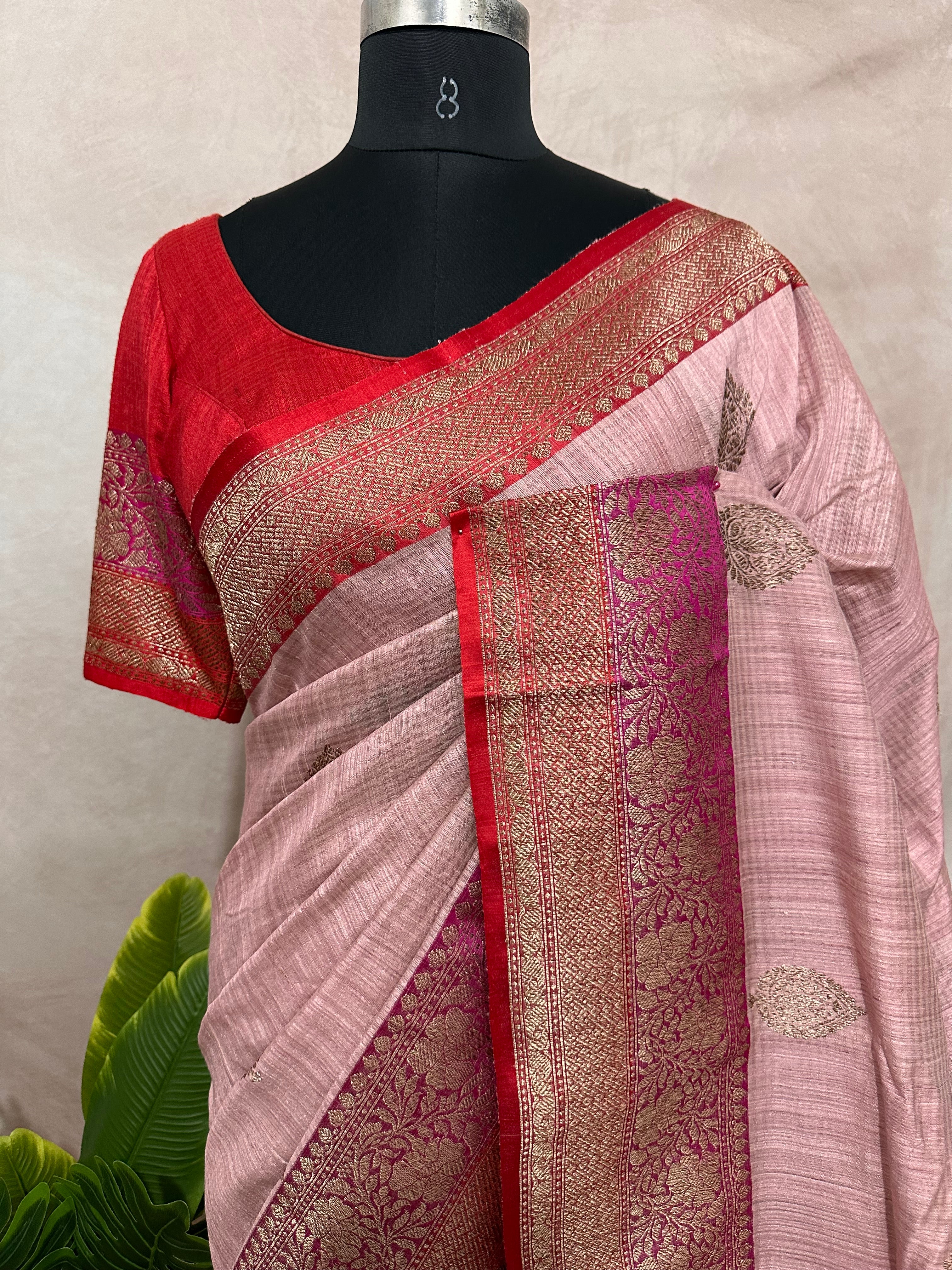 Pure dupion silk saree with banarsi border and stitched blouse
