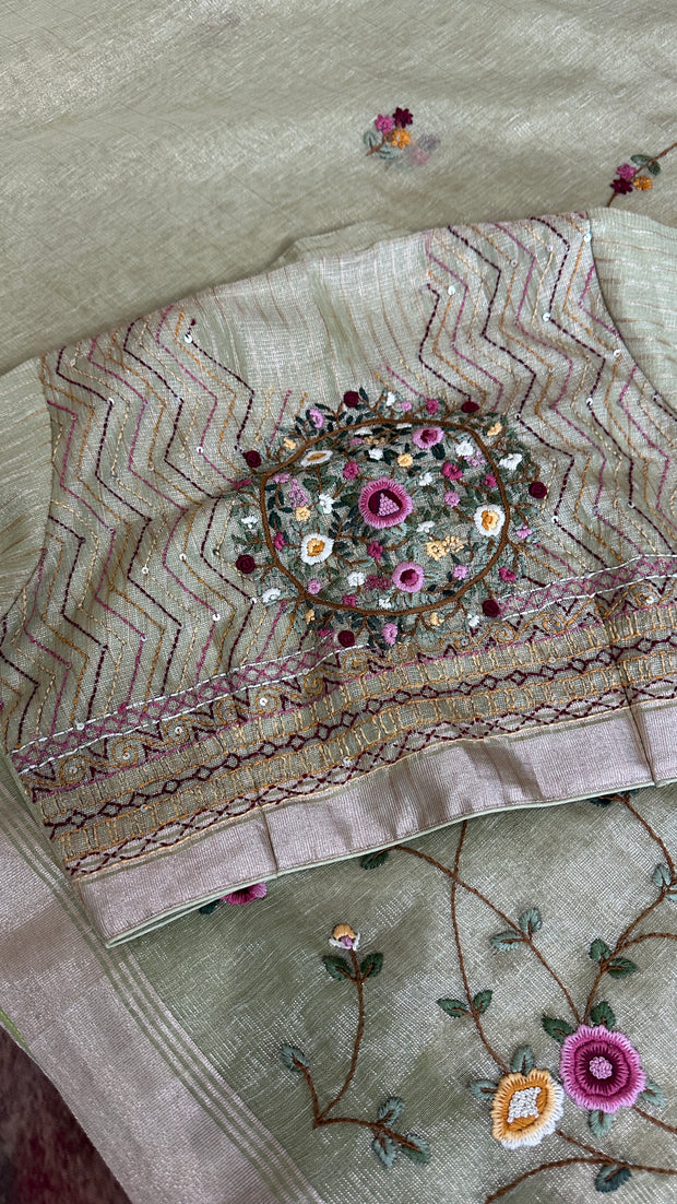 Grey Tissue Linen Saree with Hand Embroidery  and stitched blouse