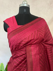 Reddish maroon printed pure tussar silk saree with banarsi border and kantha work , with BP