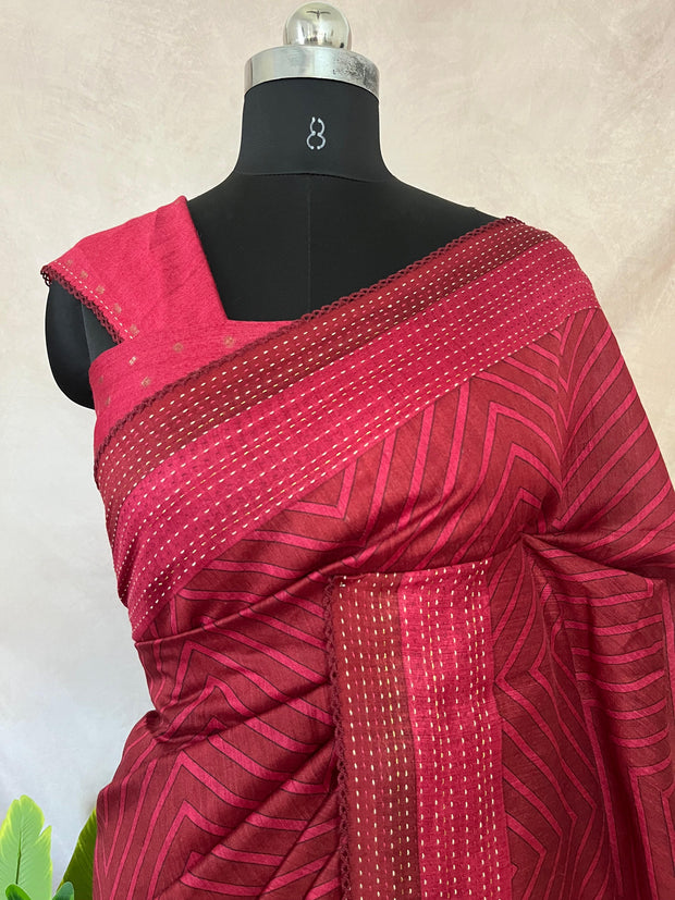 Reddish maroon printed pure tussar silk saree with banarsi border and kantha work , with BP