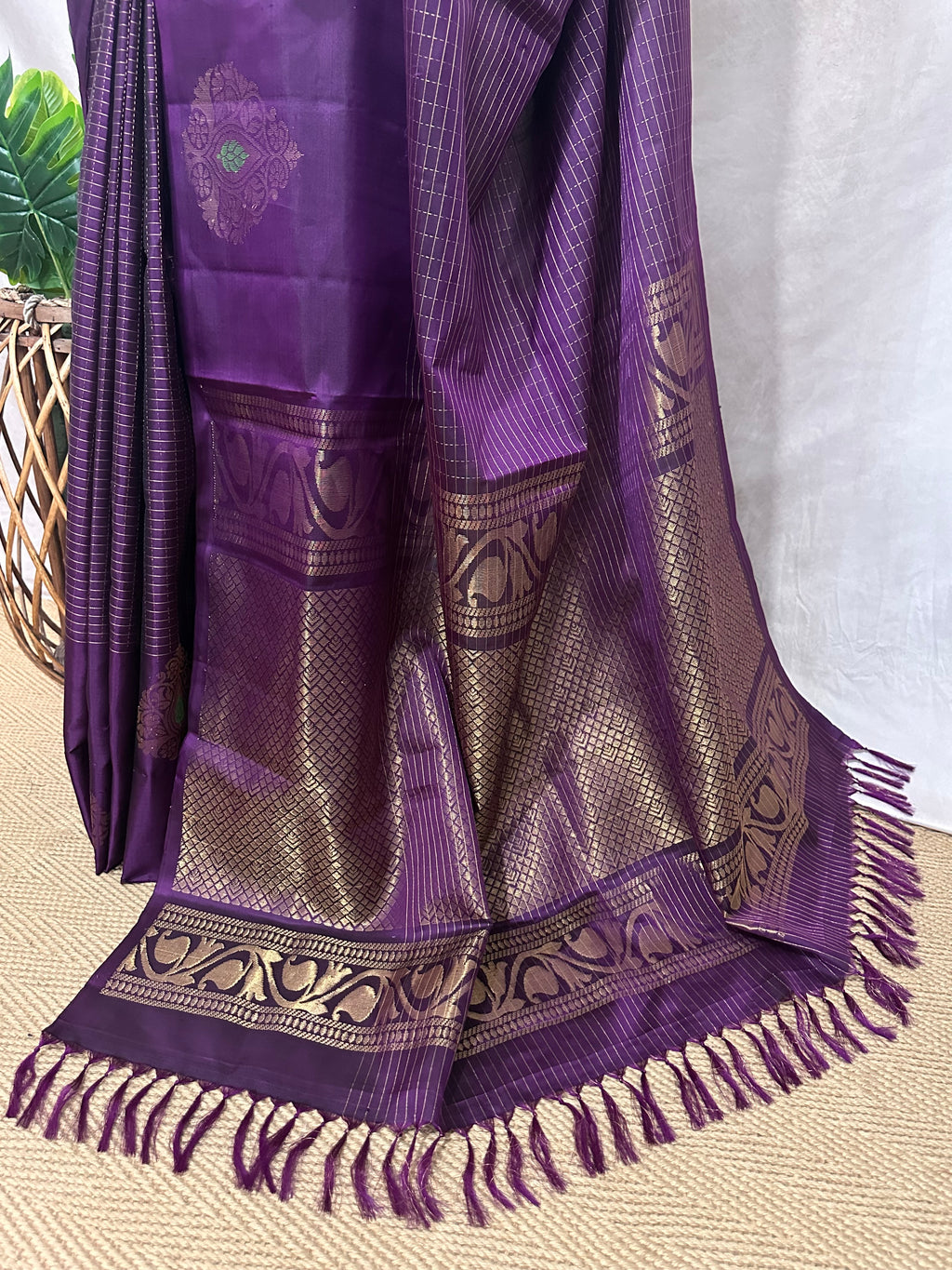 Purple pure Kanchivaram soft silk saree with stitched blouse