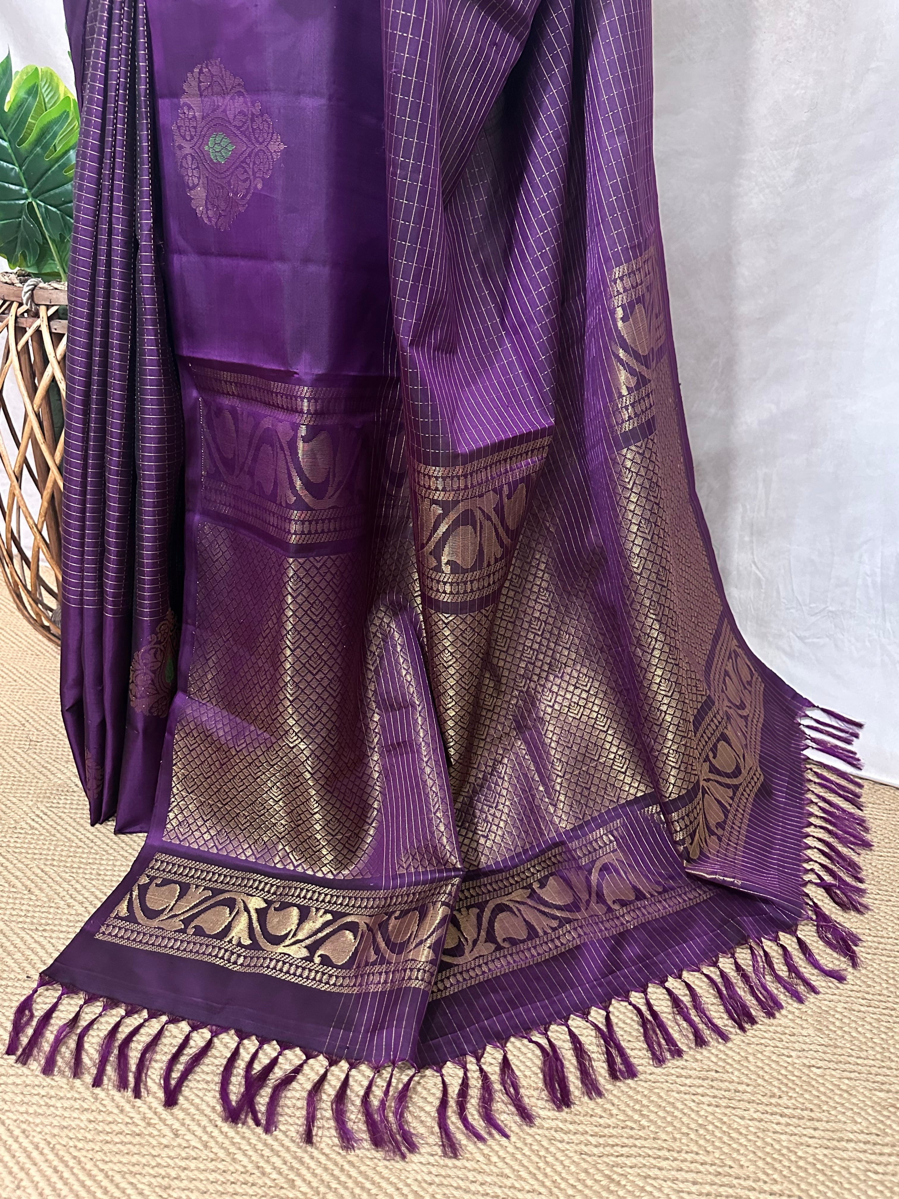Purple pure Kanchivaram soft silk saree with stitched blouse