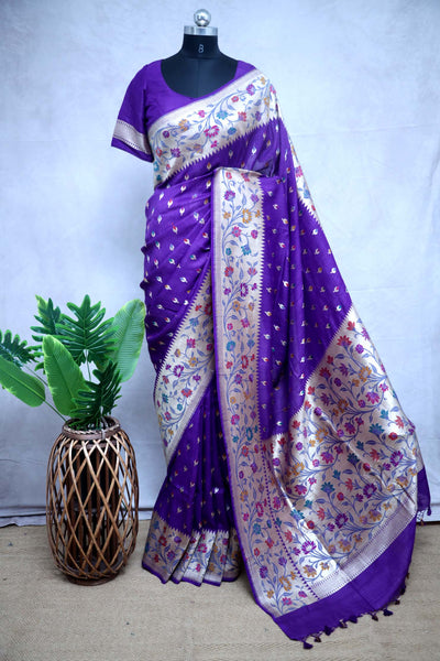 Purple Georgette banarsi saree with Paitani border, with stitched blouse
