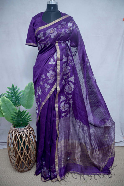 Pure Purple Matka silk handloom saree with jamdani , with stitched blouse