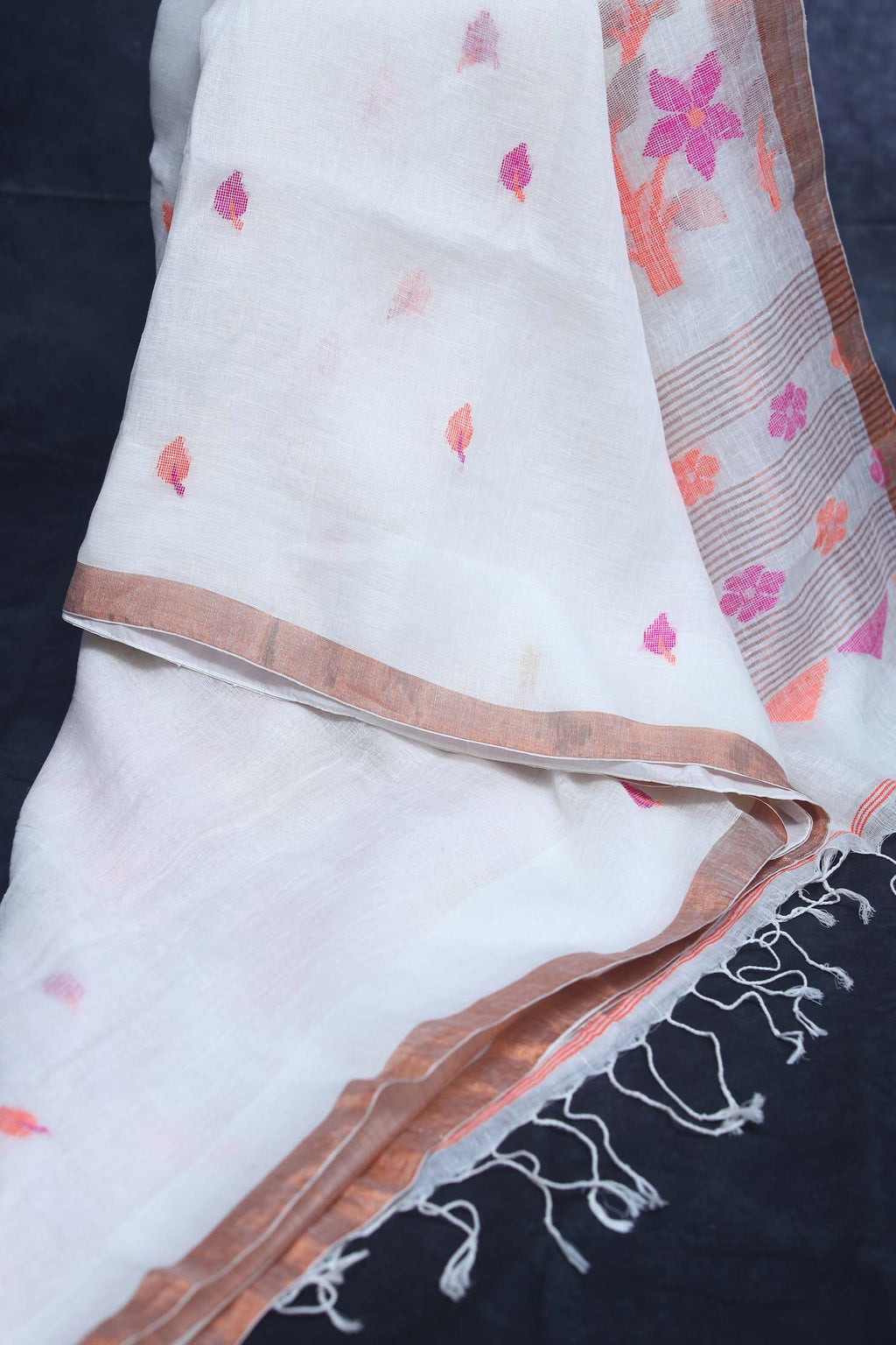 White  tissue linen saree with jamdani weave, with BP