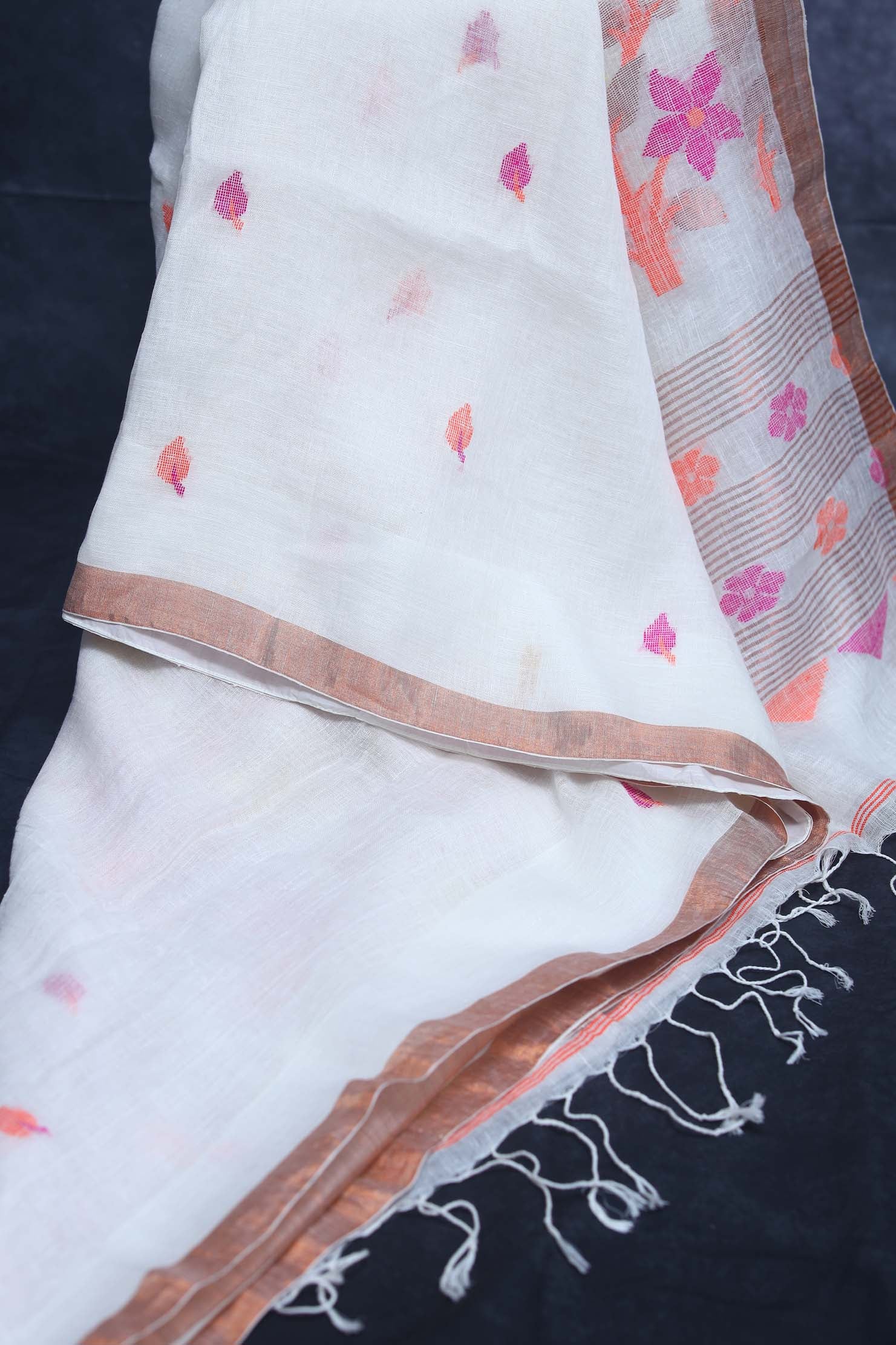 White  tissue linen saree with jamdani weave, with BP