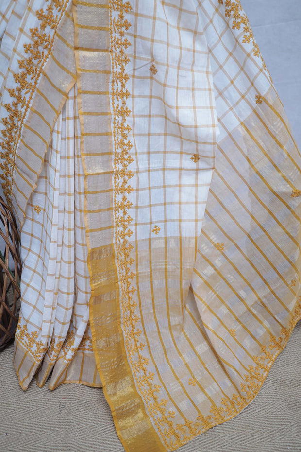 Off white and gold check saree with Kutch work , with BP