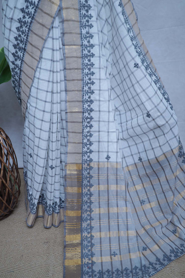 Off white and gold check saree with Kutch work , with BP