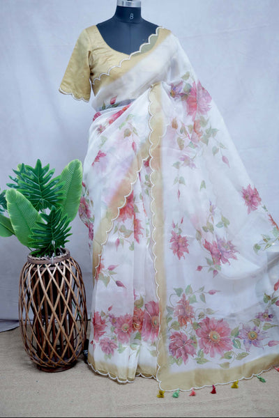 Hand painted organza silk saree with hand work, stitched blouse