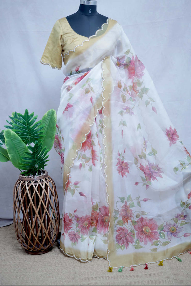 Hand painted organza silk saree with hand work, stitched blouse