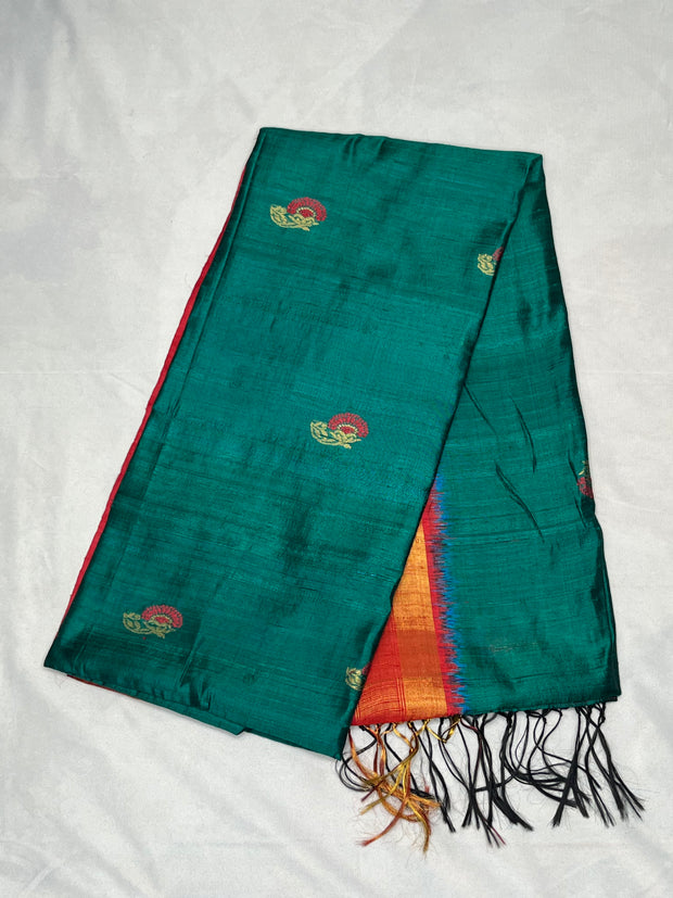 Peacock green and brick red combo pure raw silk saree with stitched blouse