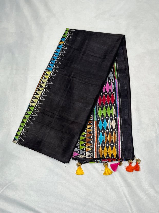 Black pure Tussar silk saree with kantha work , stitched blouse
