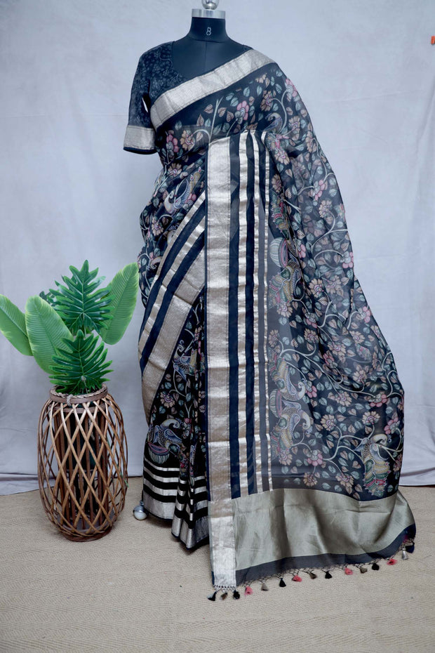 Kalamkari printed organza silk saree with stitched blouse