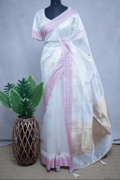 While katan chanderi pure silk saree with pink border, stitched blouse