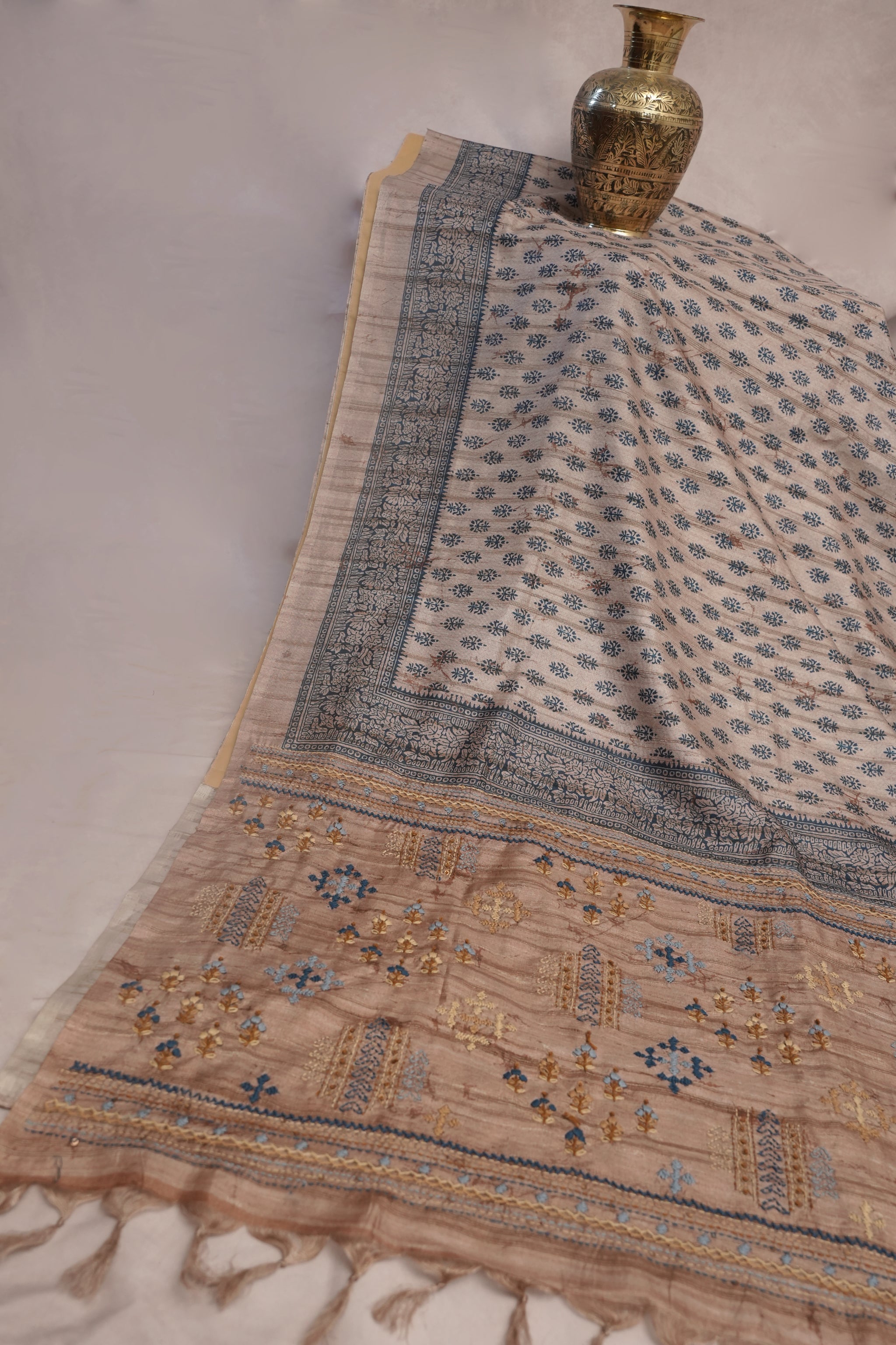 Printed Tussar silk saree with hand embroidery and stitched blouse