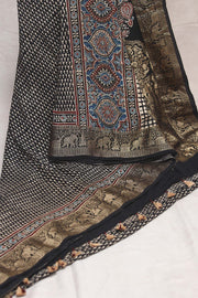 Dola Silk Saree with Ajrakh Hand Block Print , stitched blouse
