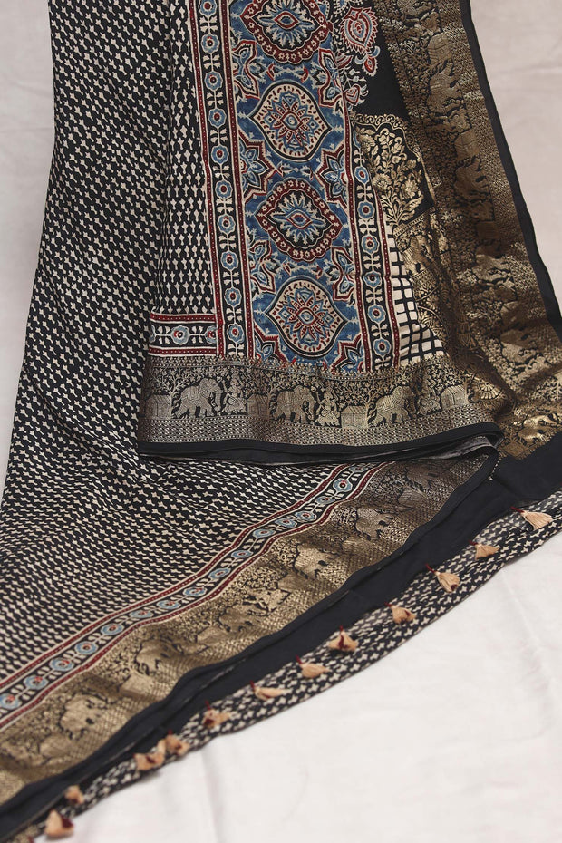 Dola Silk Saree with Ajrakh Hand Block Print , stitched blouse