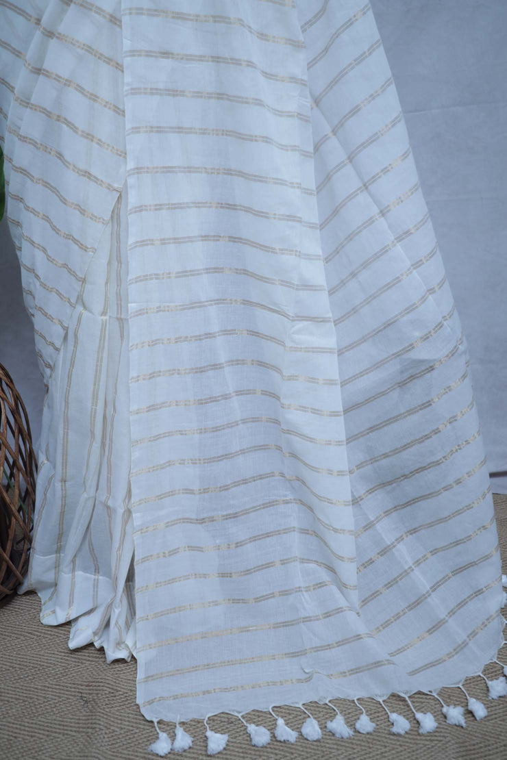 Off white cotton saree with gold stripe